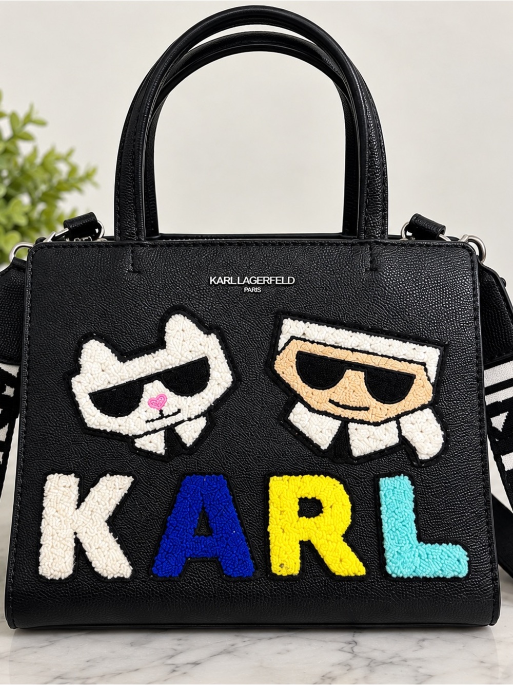 Karl Lagerfeld Paris Black Crossbody Satchel Bag Colorful KARL Appliqué